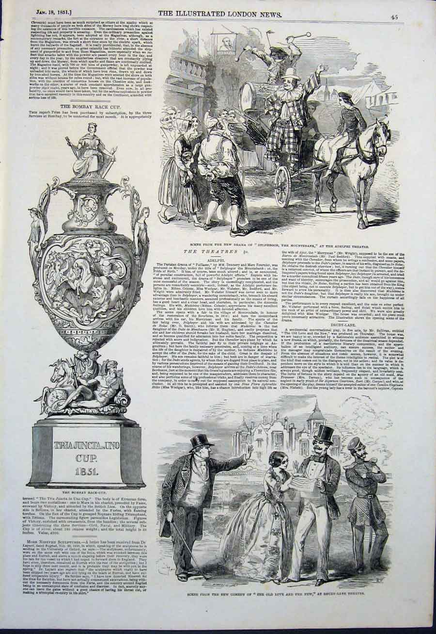 Old Antique Print Bombay Race Cup India Adelphi Theatre Drury London 1851 19th