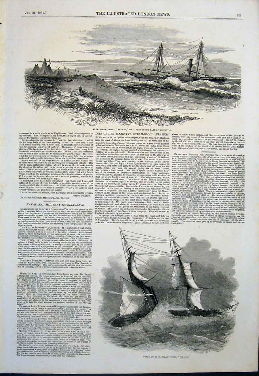 Original Old Antique Print Steam Vessel Flamer Monrovia Wreck Steamer 1851 19th