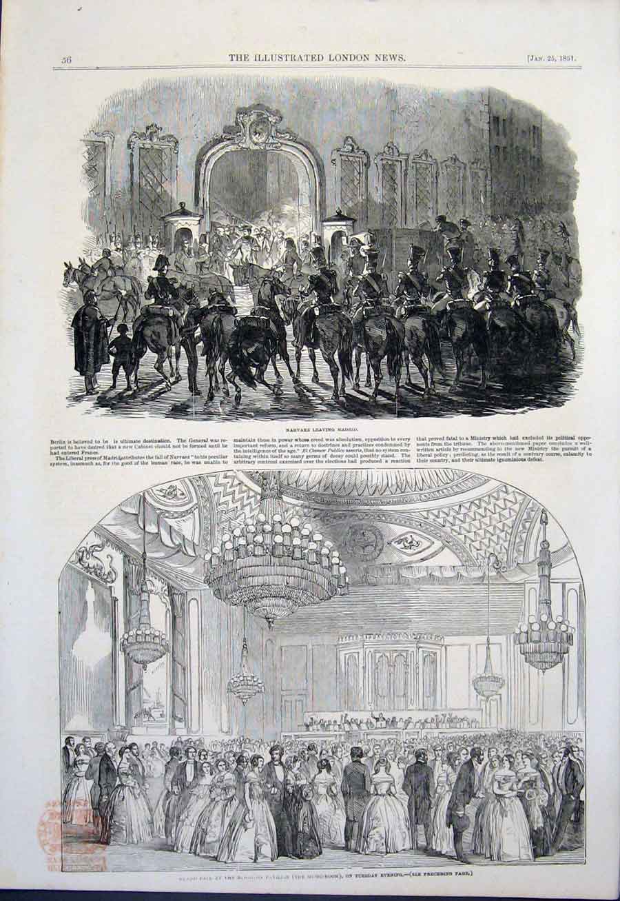 Original Old Antique Print Narvaez Madrid Spain Brighton Pavilion Ball 1851 19th