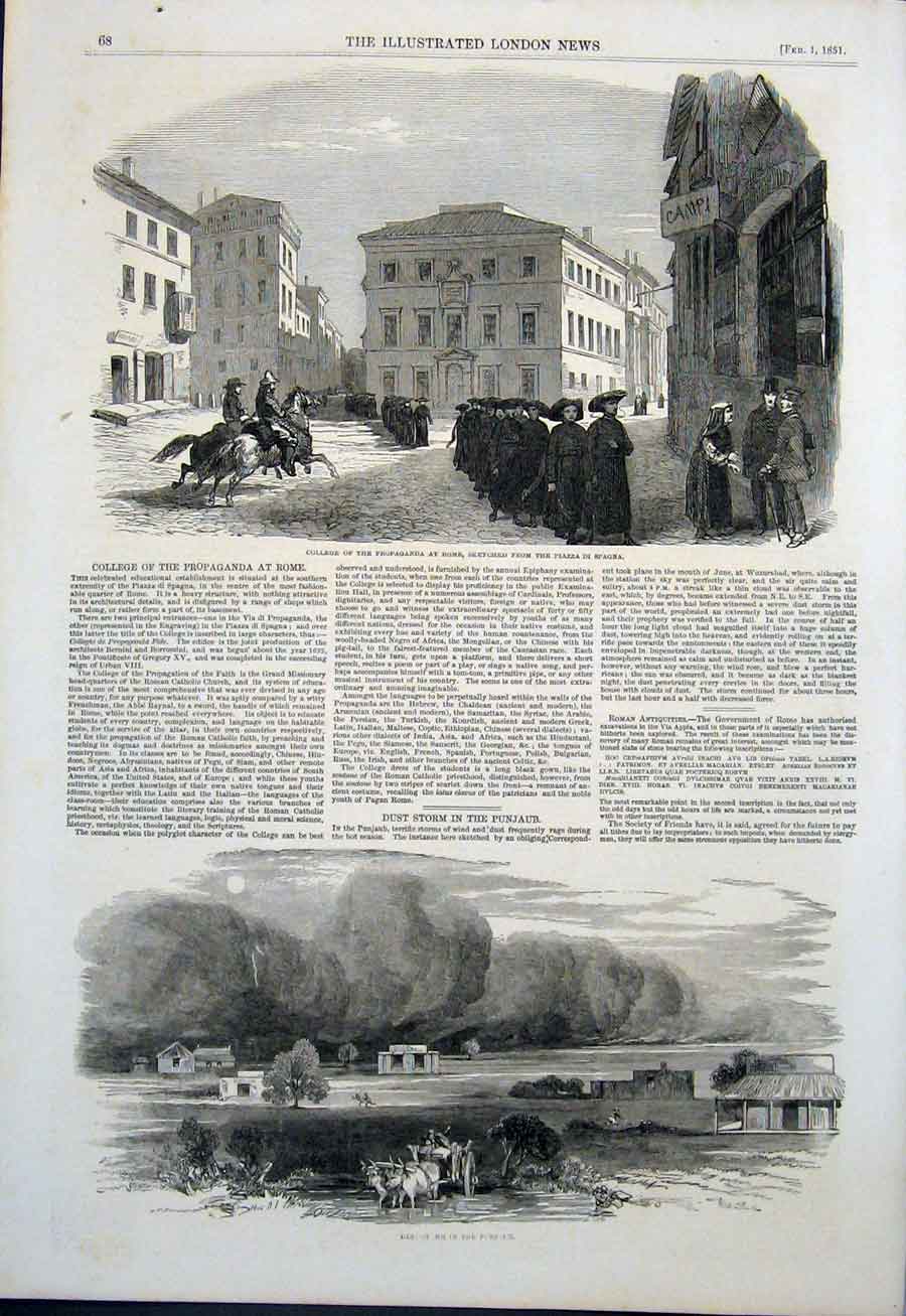 Old Antique Print College Rome Piazza Di Spagna Dust Storm Punjaub India