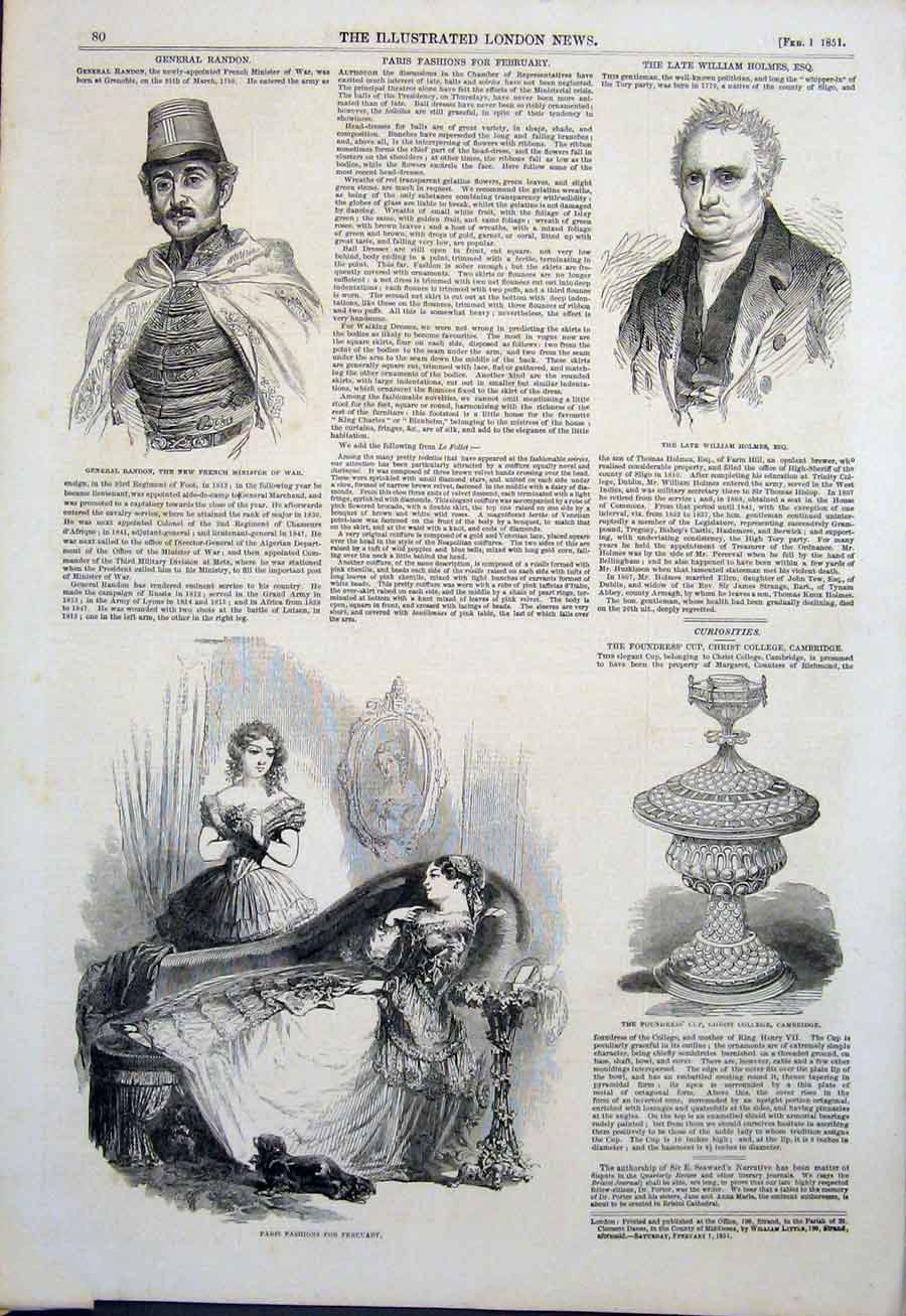 Old Antique Print Portrait Randon Holmes Fashion Paris Cambridge Cup 1851 19th