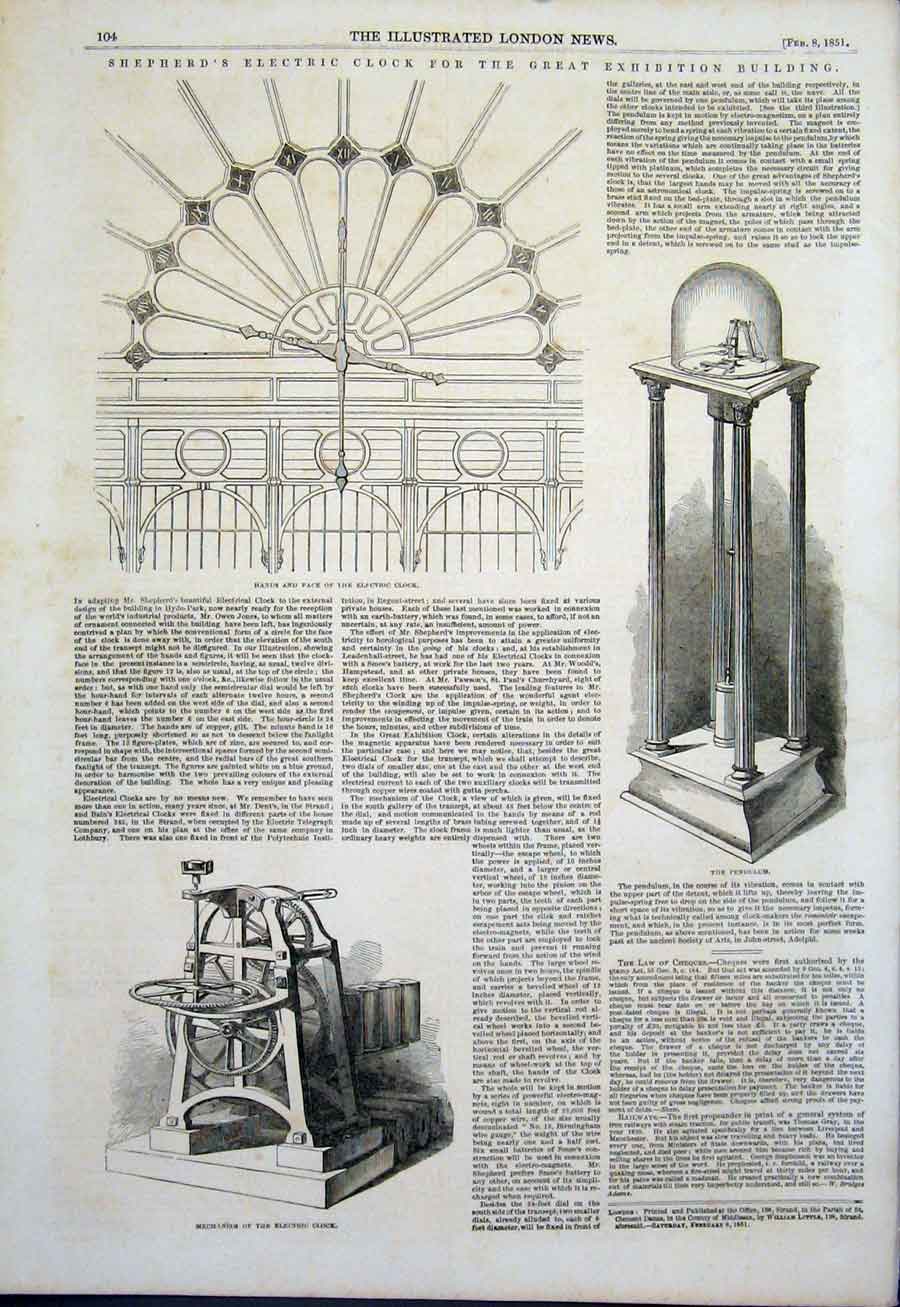 Original Old Antique Print Shepherd Elecrtic Clock Exhibition Building Pendulum