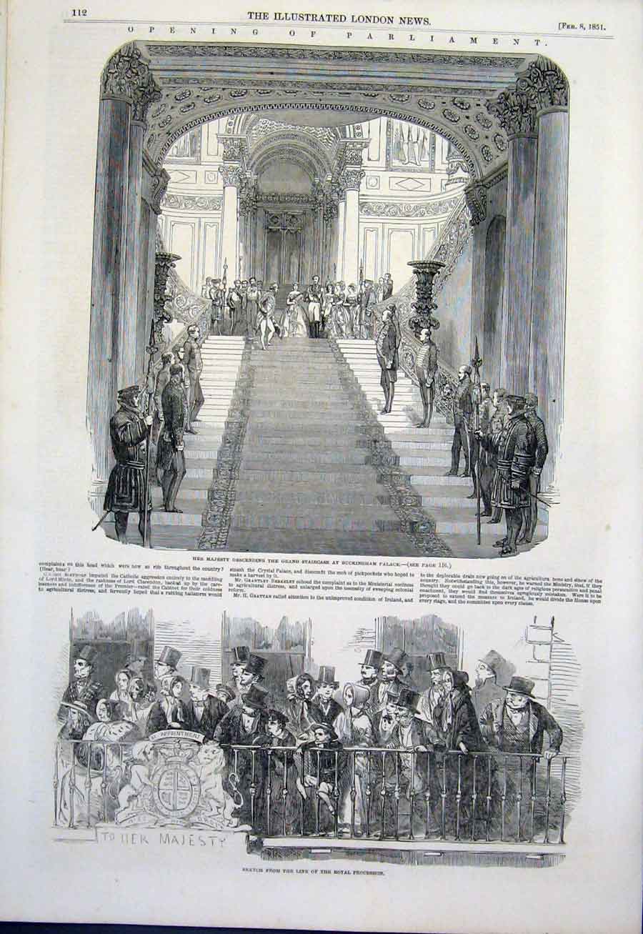 Original Old Antique Print Parliament Buckingham Palace Procession Sketch 1851