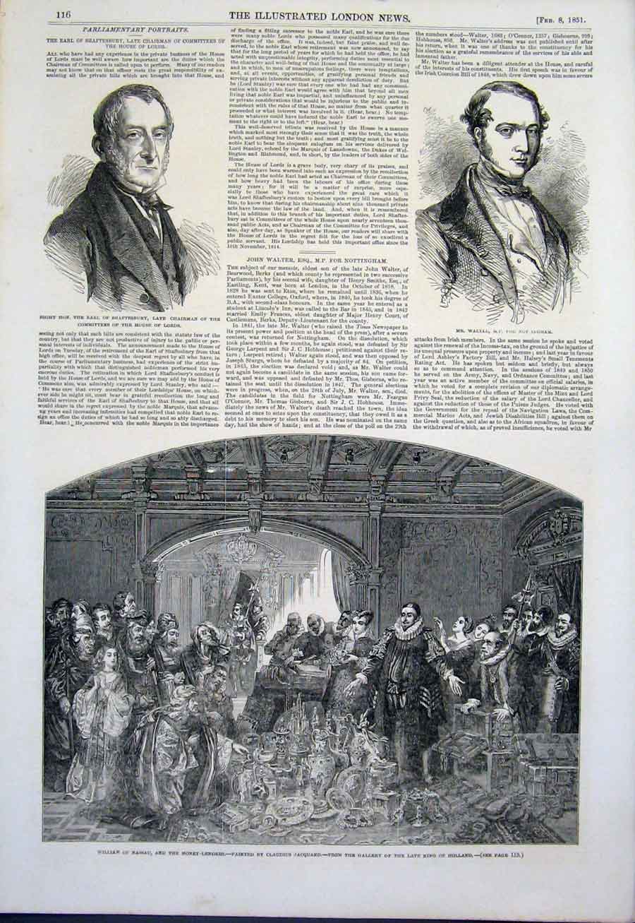 Original Old Antique Print Earl Shaftesbury Walter Nassau Money Lenders Jacquand