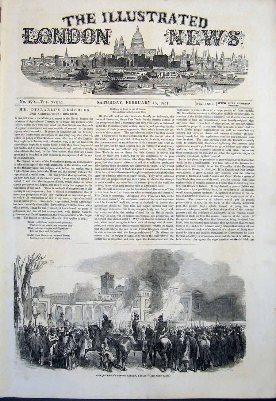 Original Old Antique Print Fire Kroll'S Winter Garden Berlin Germany 1851 19th