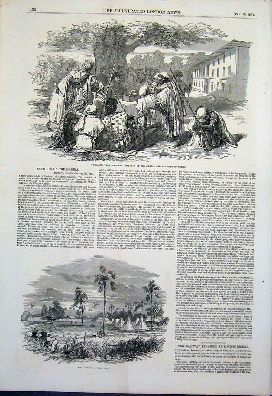 Original Old Antique Print Palaver Gambia Governor King Combo Jaswong 1851 19th