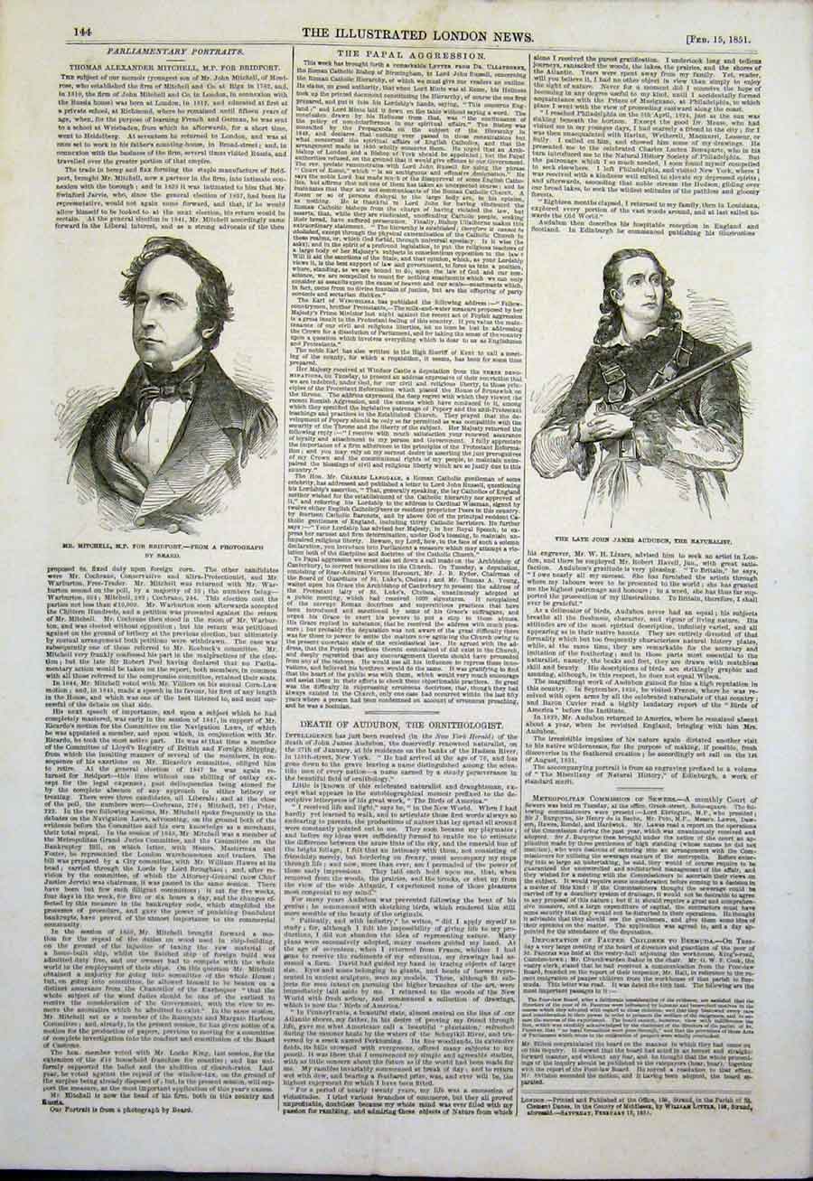 Original Old Antique Print Portrait Mitchell Bridport Audubcn Naturalist 1851