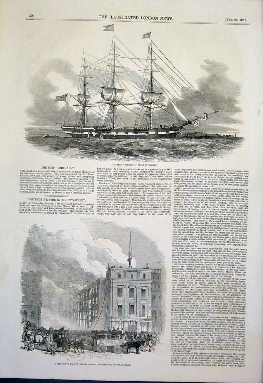 Original Old Antique Print Ship Hibernia Quebec Canada Tooley Street Fire London