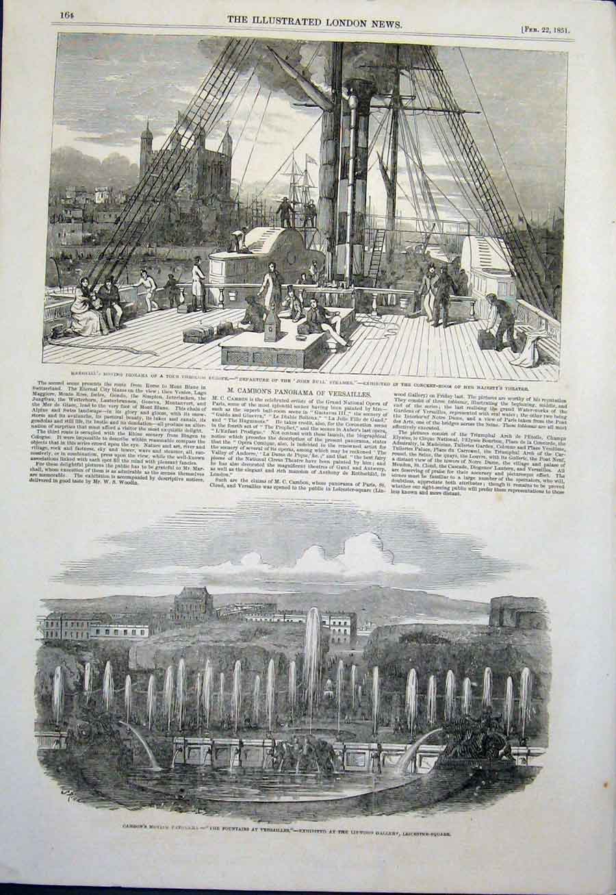 Old Antique Print Marshall John Bull Steamer Cambon Versialles Fountains