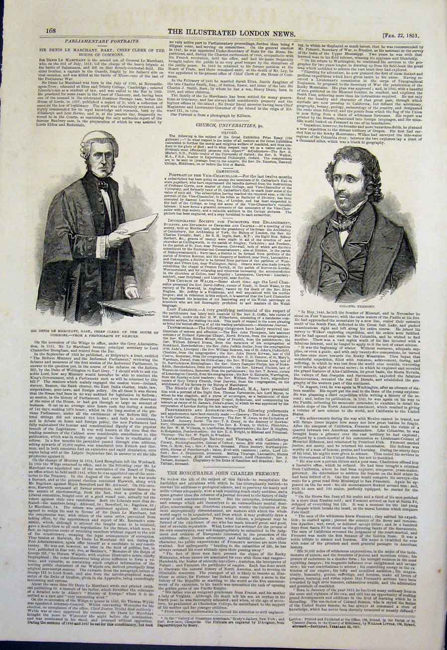 Original Old Antique Print Portrait Marchant House Commons Colonel Fremont 1851