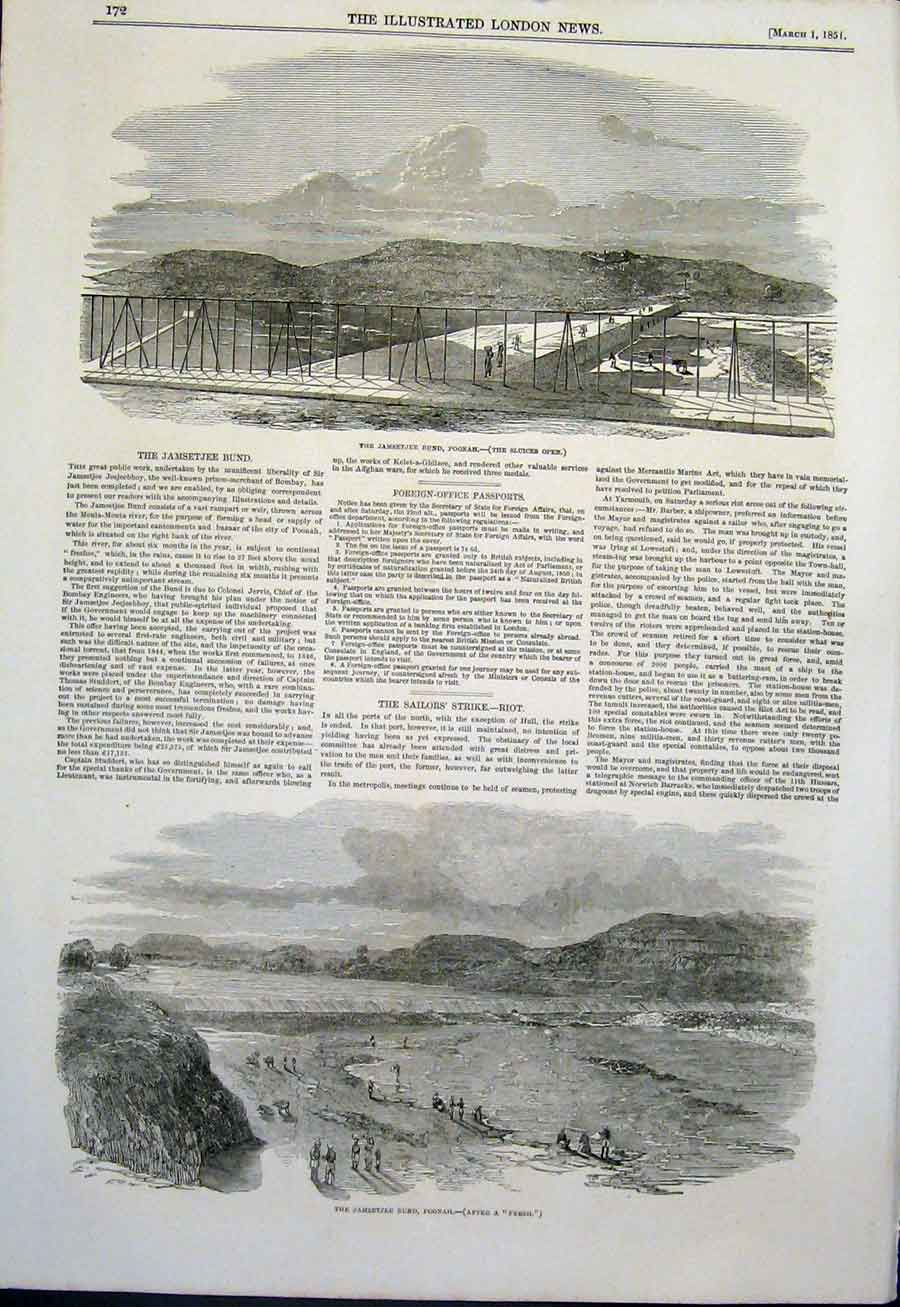 Original Old Antique Print Jamsetjee Bund Poonah India Dam Lake Bombay 1851 19th