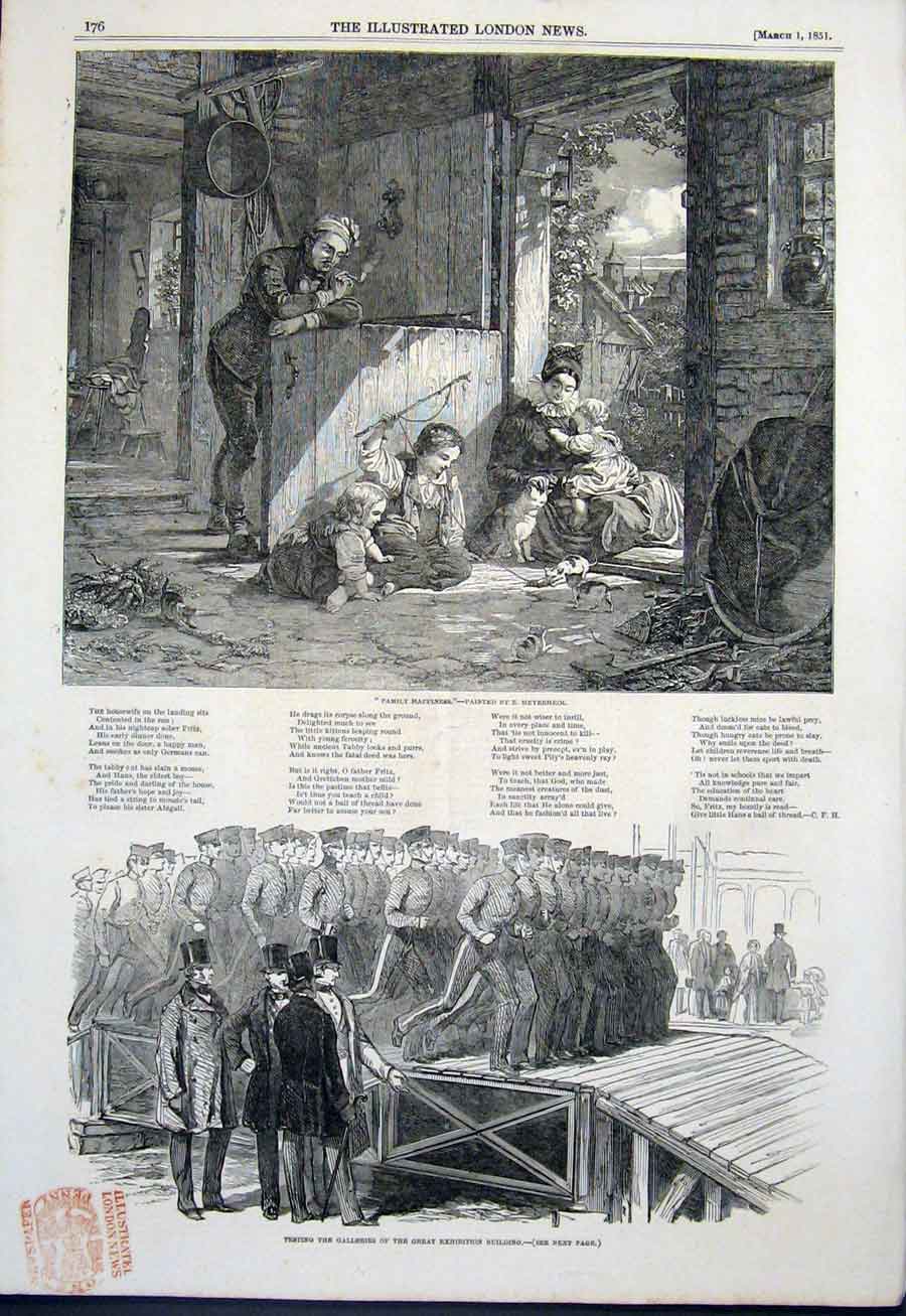 Original Old Antique Print Family Happiness Meyerheim Exhibition Building London