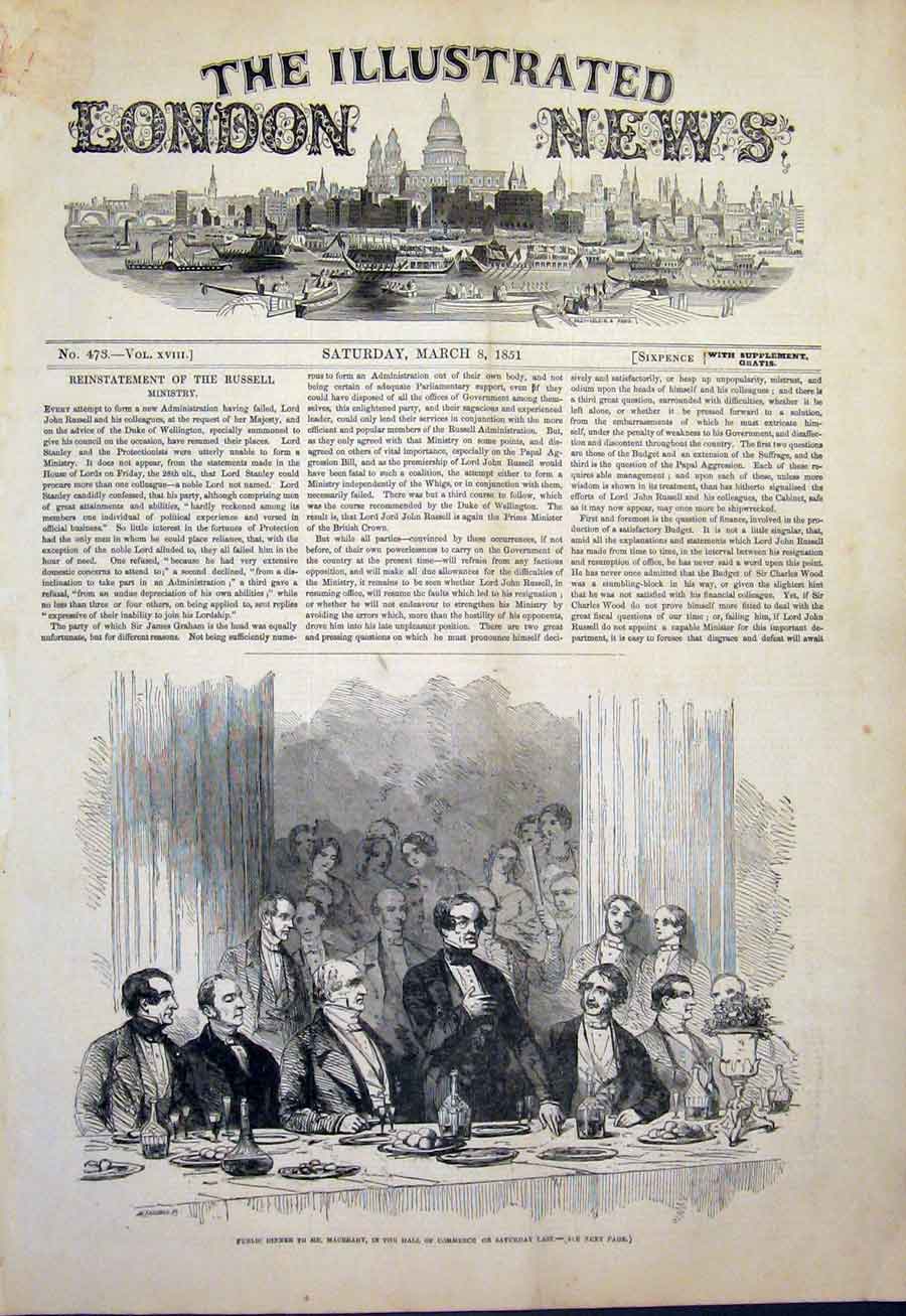 Original Old Antique Print Macready Hall Commerce Dinner 1851 19th