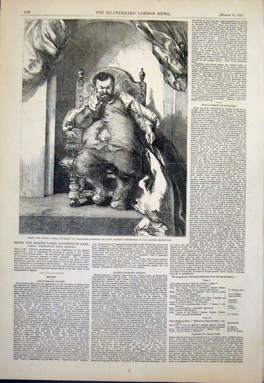 Original Old Antique Print Don Sancho Panza Bartaria Gilbert Fine Art 1851 19th