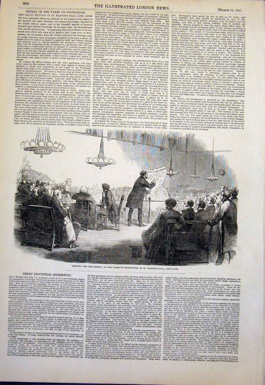 Original Old Antique Print Long-Acre St Martin'S Hall Repeal Taxes 1851 19th