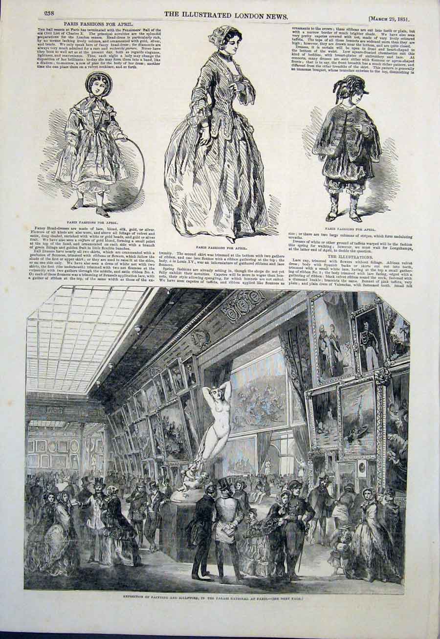 Original Old Antique Print Paris Fashion Painting Sculpture Palais Fine Art 1851