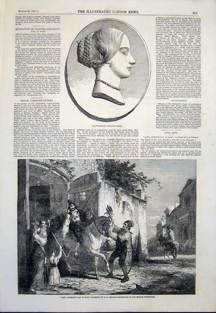 Original Old Antique Print Portrait Duprez Saint Anthony'S Day Rome Thomas