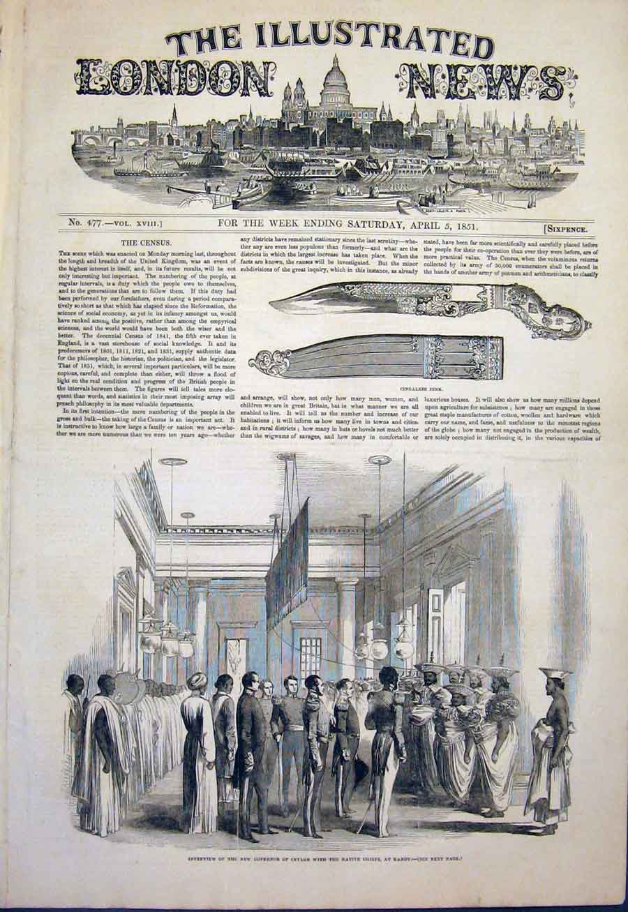 Original Old Antique Print Cingalese Dirk Sword Ceylon Kandy Governor 1851 19th