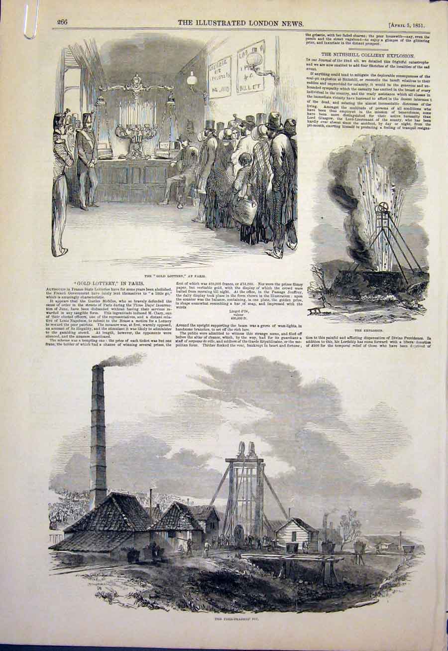 Original Old Antique Print GLottery Paris Explosion Pit Pitmen Funeral Church