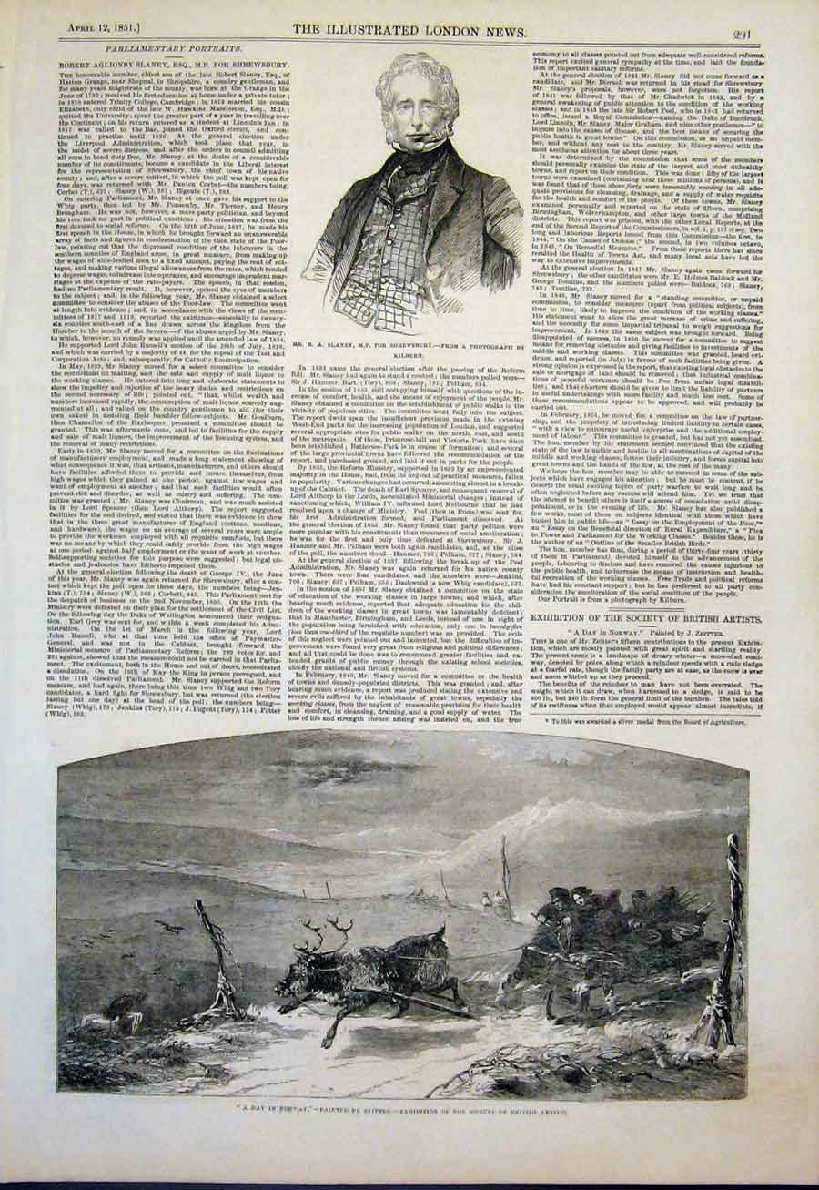 Original Old Antique Print Slaney Shrewsbury Day In Norway Zeitter Fine Art 1851