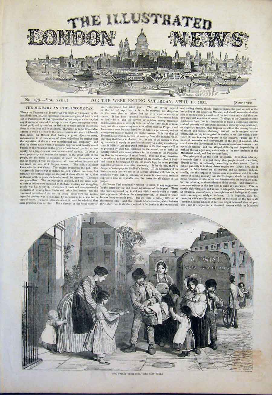 Original Old Antique Print Good Friday Hot Cross Buns Baker 1851 19th