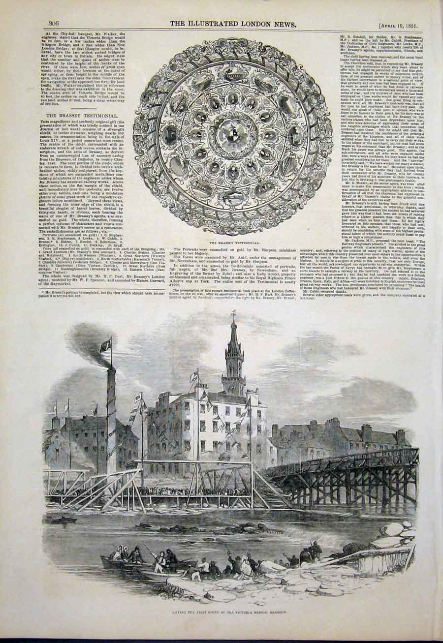 Original Old Antique Print Brassey Testimonial Victoria Bridge London 1851 19th