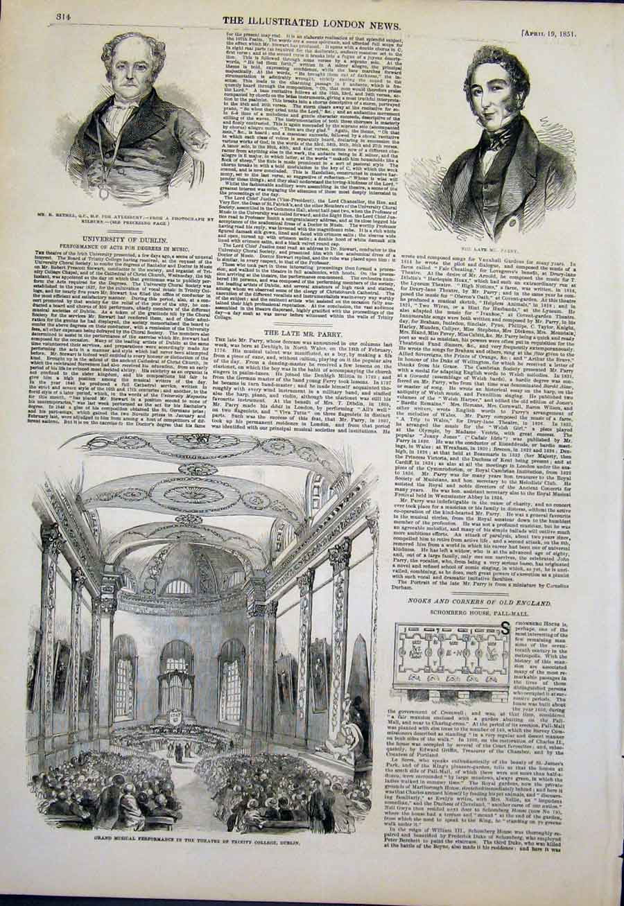 Original Old Antique Print Portrait Bethel Parry Trintiy College Dublin Ireland