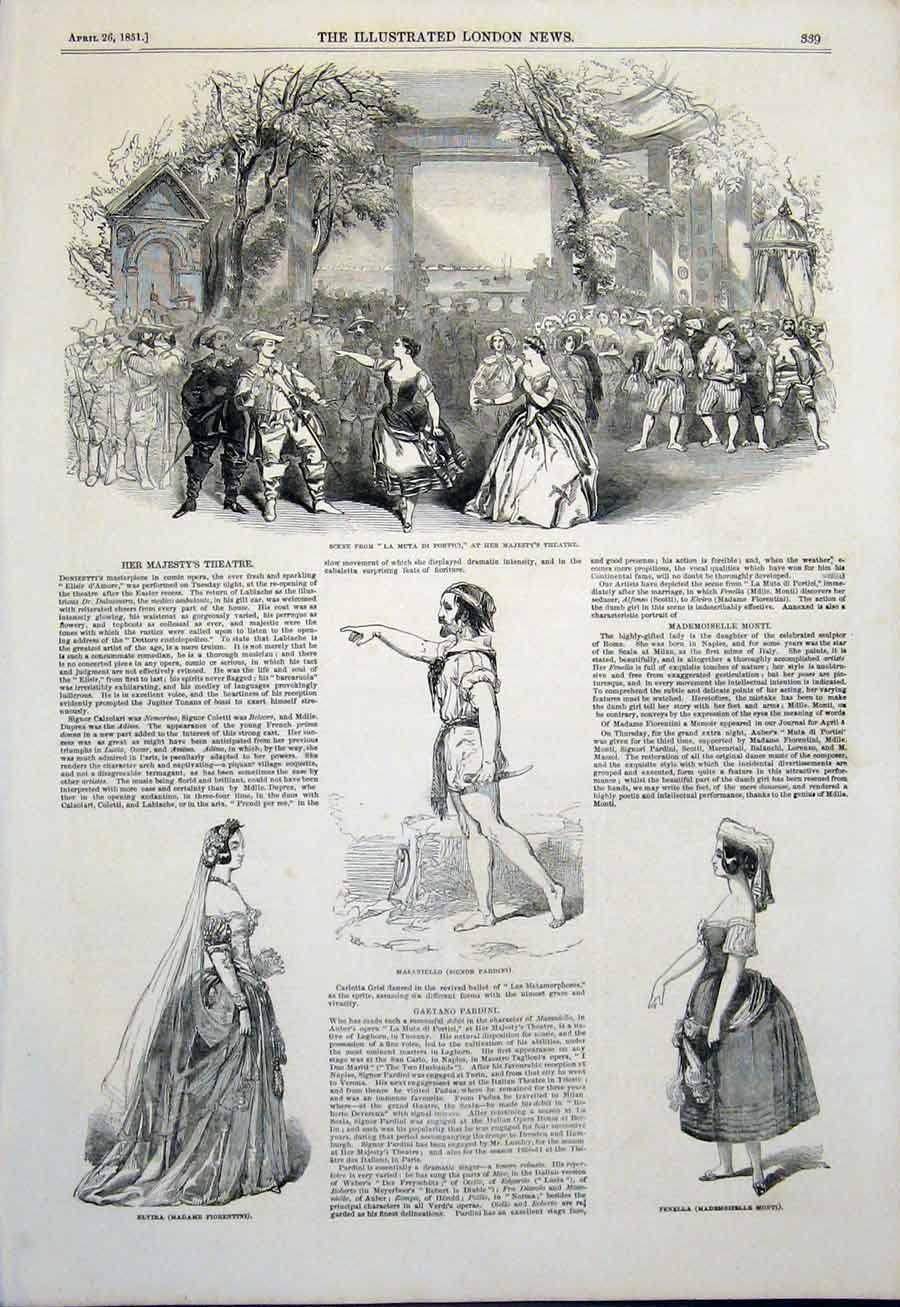Original Old Antique Print Her Majesty'S Theatre Pardini Fiorentini Monti 1851