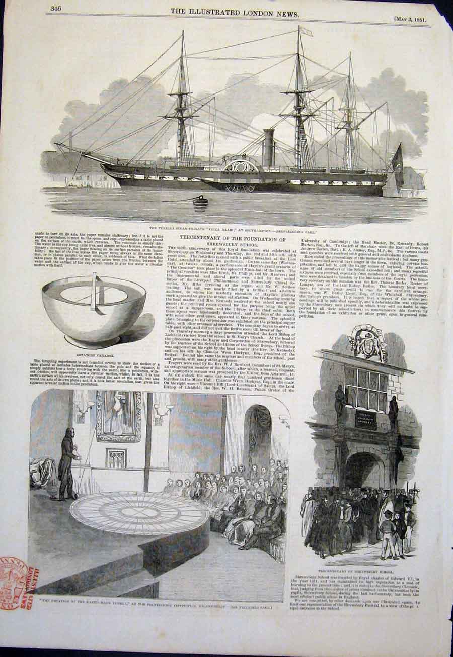 Original Old Antique Print Frigate Feiza Baari Earth Rotation Regent Street 1851