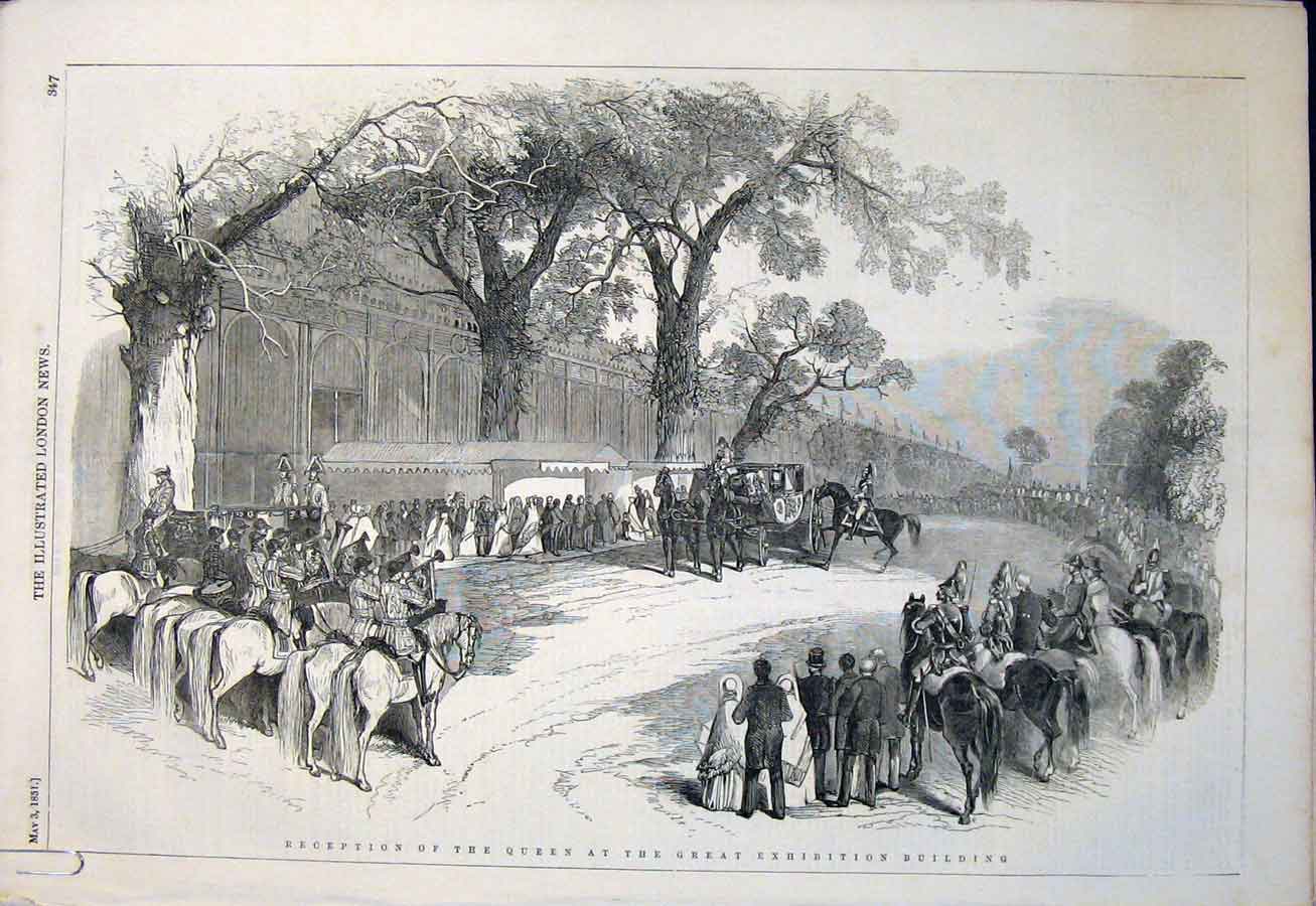 Original Old Antique Print Queen Exhibition Building Buckingham Palace 1851