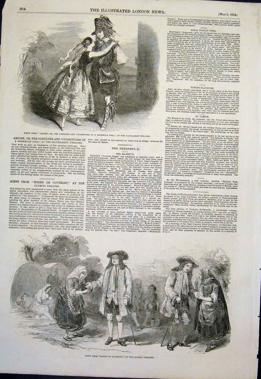 Old Antique Print Haymarket Theatre Olympic Coverley Bohemian London 1851 19th