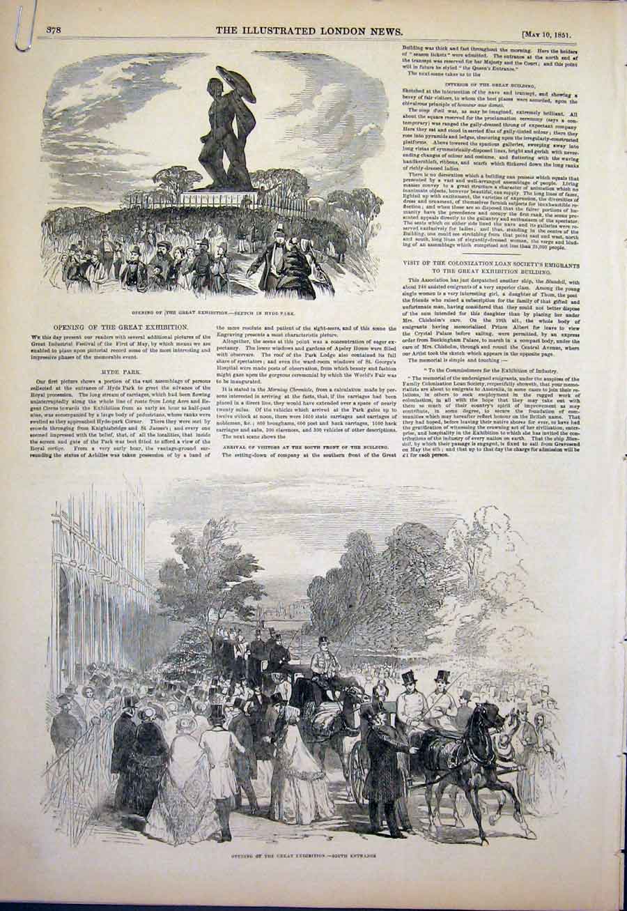 Original Old Antique Print Hyde Park Exhibition London 1851 19th