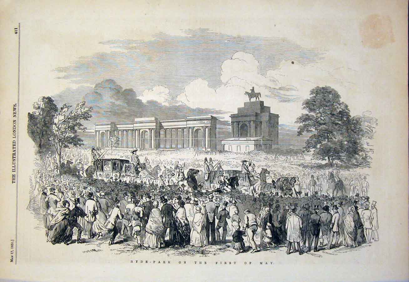 Original Old Antique Print Hyde Park London May Procession Festival 1851 19th