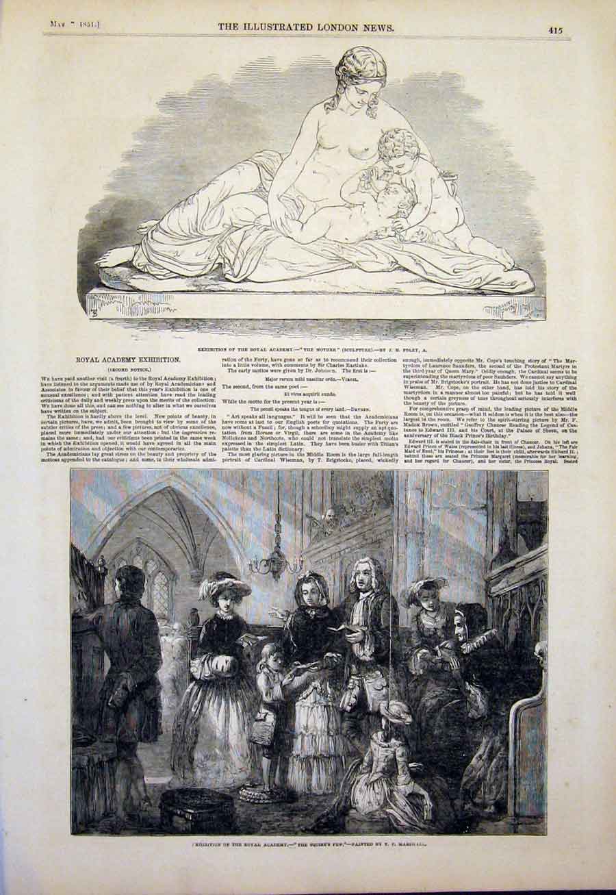 Original Old Antique Print Sculpture Mother Foley Squire'S Pew Marshall Art 1851