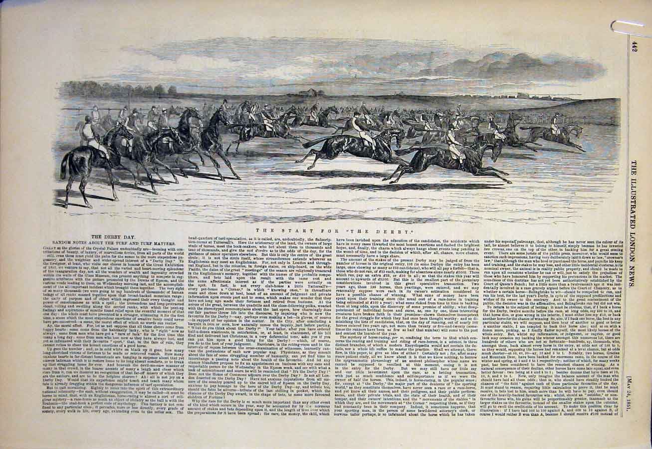 Old Antique Print Derby Races Horse Horses Sutton Morden Church Tattenham