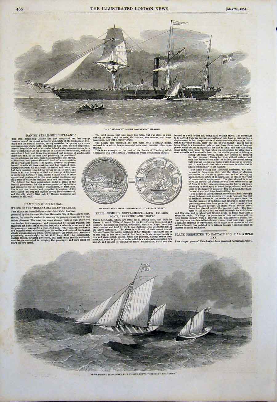 Original Old Antique Print Jylland Steamer Hamburg GMedal Honey Fishing Boat