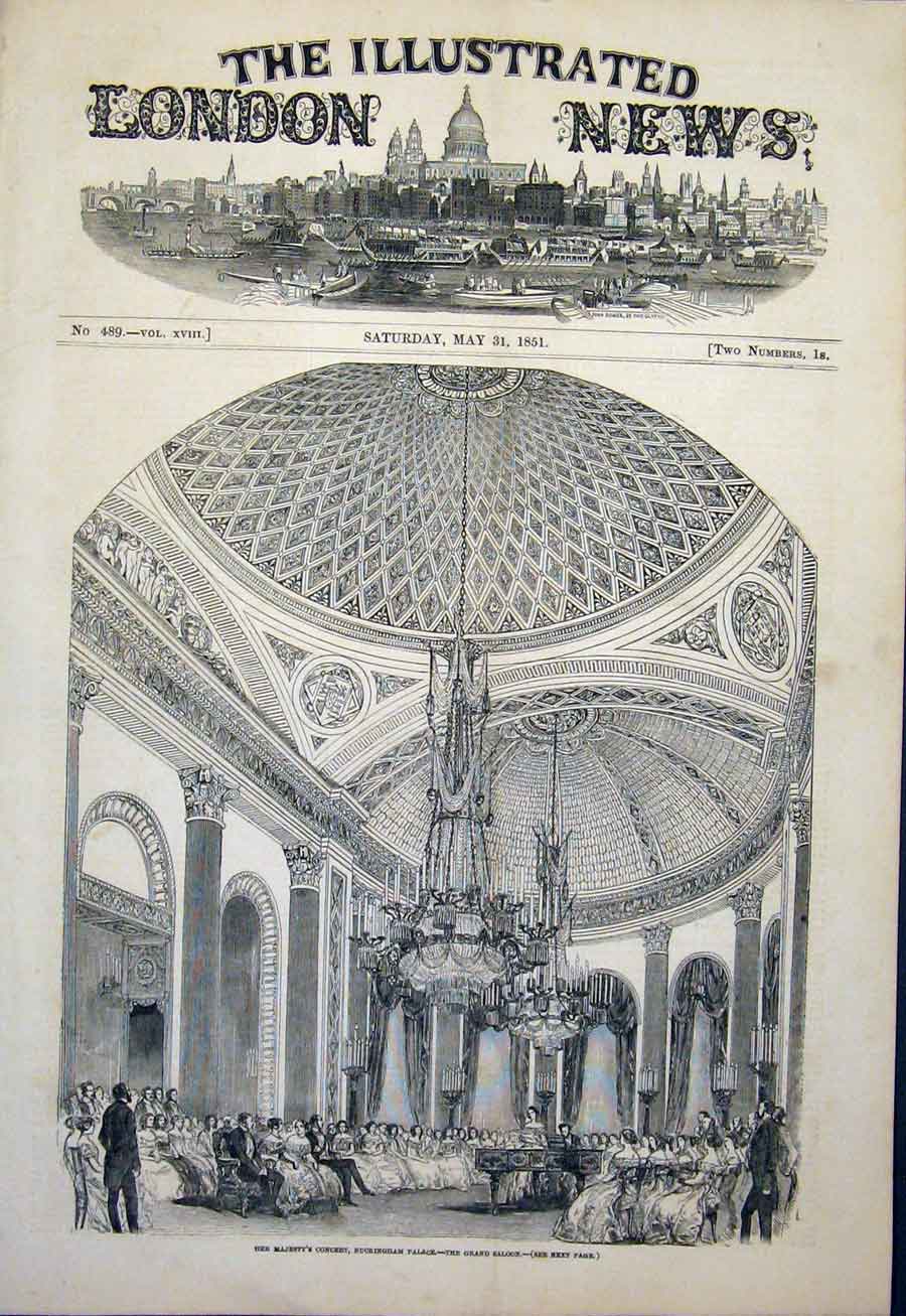 Original Old Antique Print Buckinham Palace Saloon Concert London Royal 1851