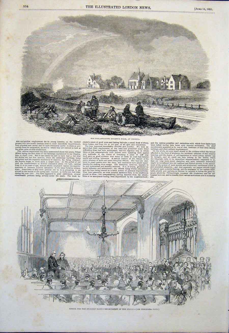 Old Antique Print Redhill Philanthropic Farm School Blind Southwark 1851 19th