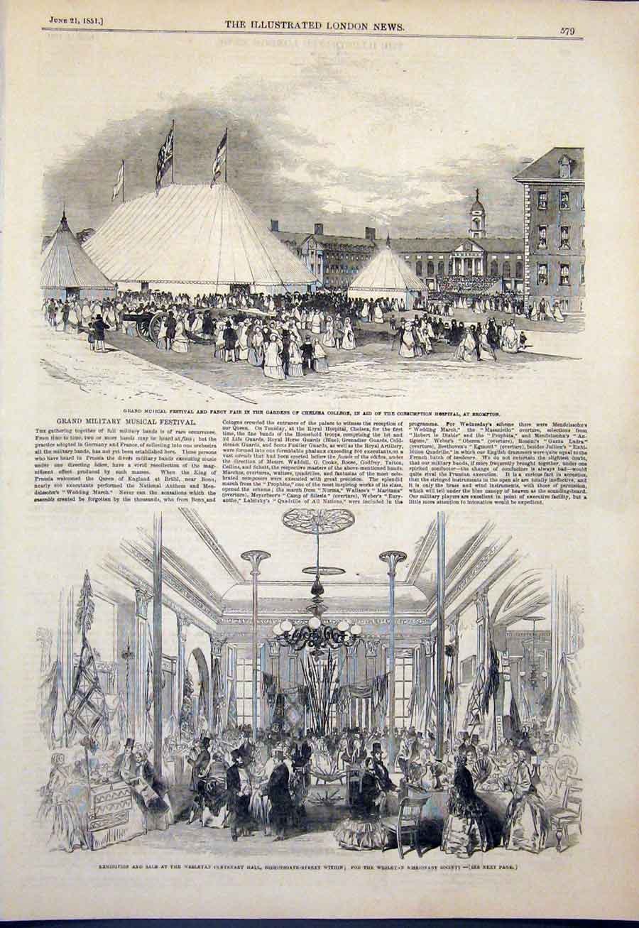Original Old Antique Print Music Festival Fair Chelsea College Brompton Wesleyan