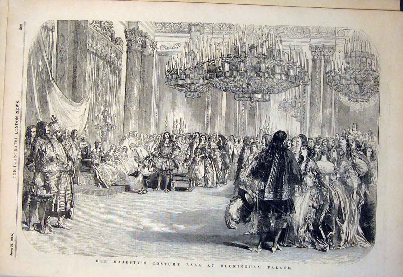Original Old Antique Print Buckingham Palace Costume Ball Costumes 1851 19th