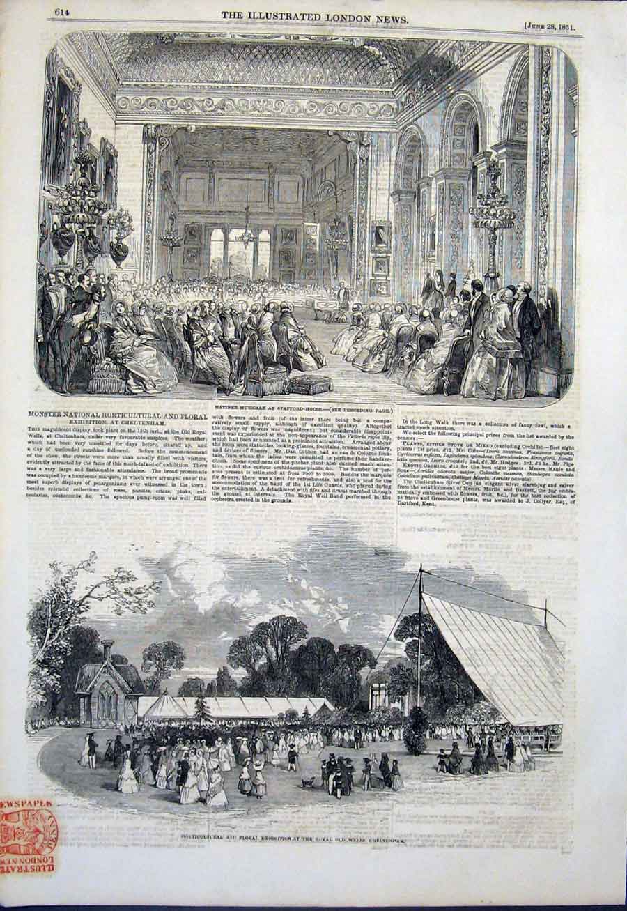 Original Old Antique Print Stafford House Musical Cheltenham Floral Exhibition