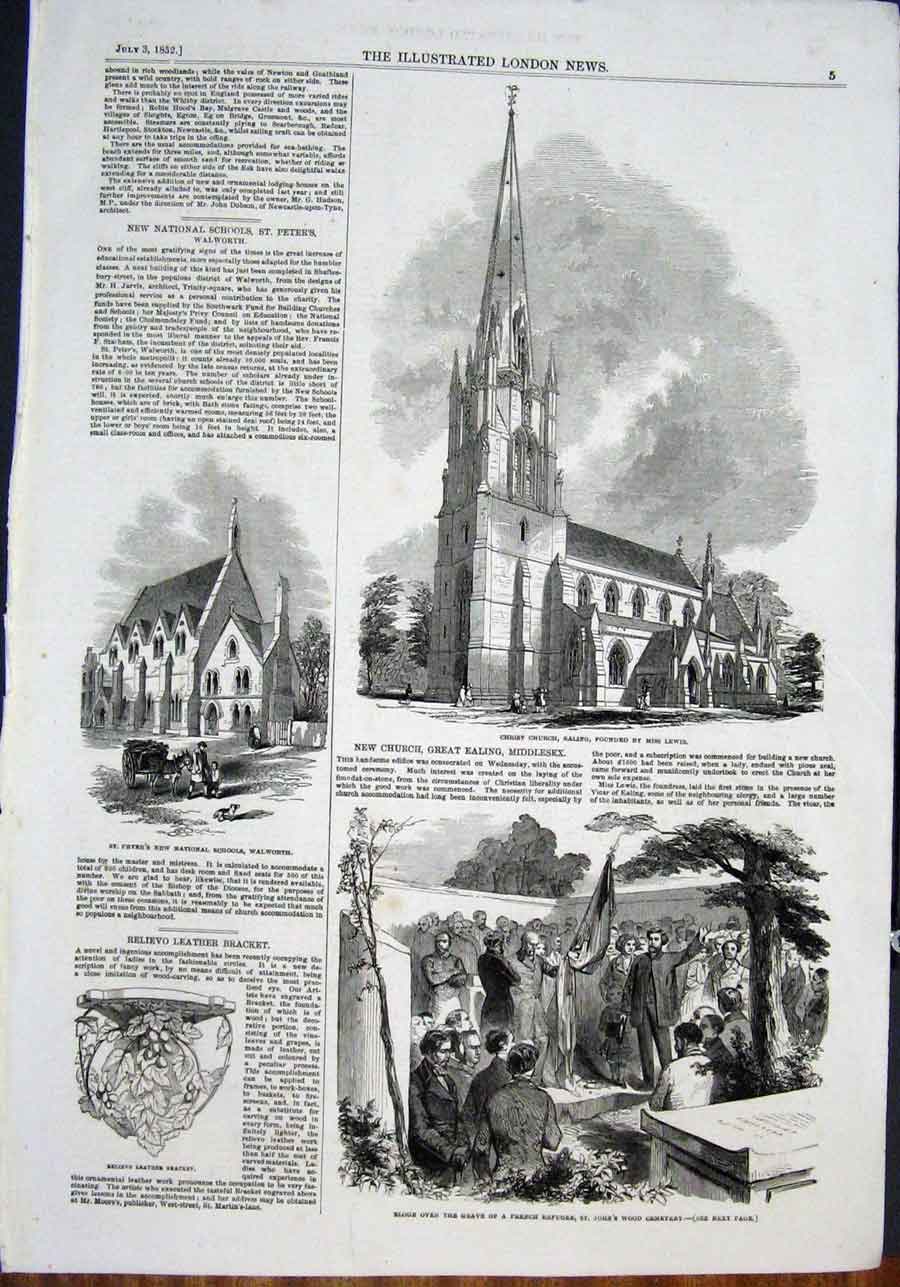 Original Old Antique Print Church Ealing Lewis St John'S Wood Cemetery Leather