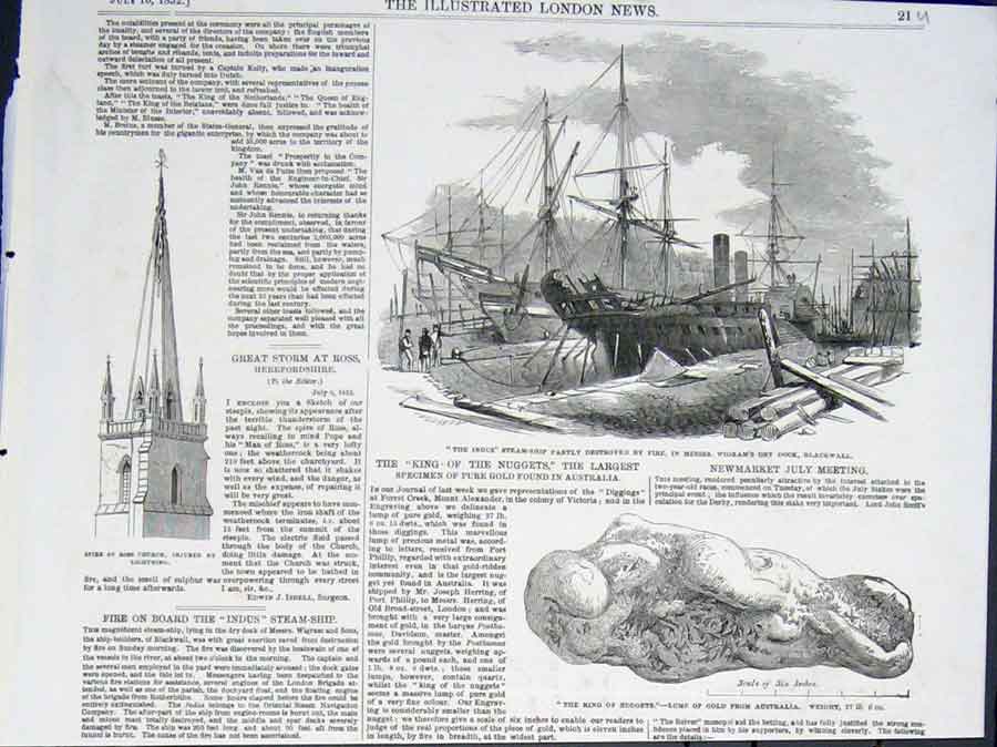 Original Old Antique Print The Indus Steam Ship Fire Nugget GAustralia Church