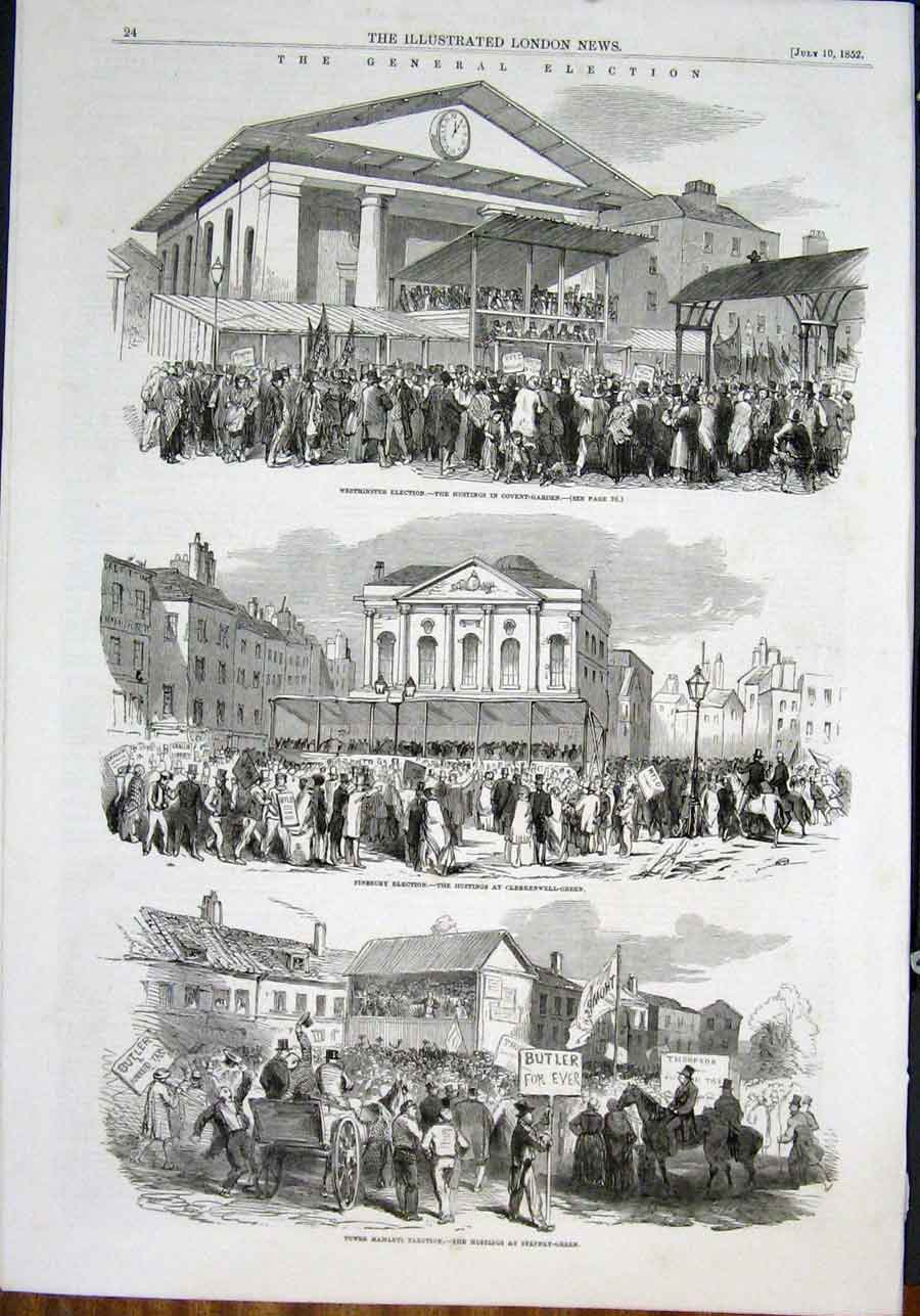 Old Antique Print General Election Westminster Finsbury Lambeth Greenwich