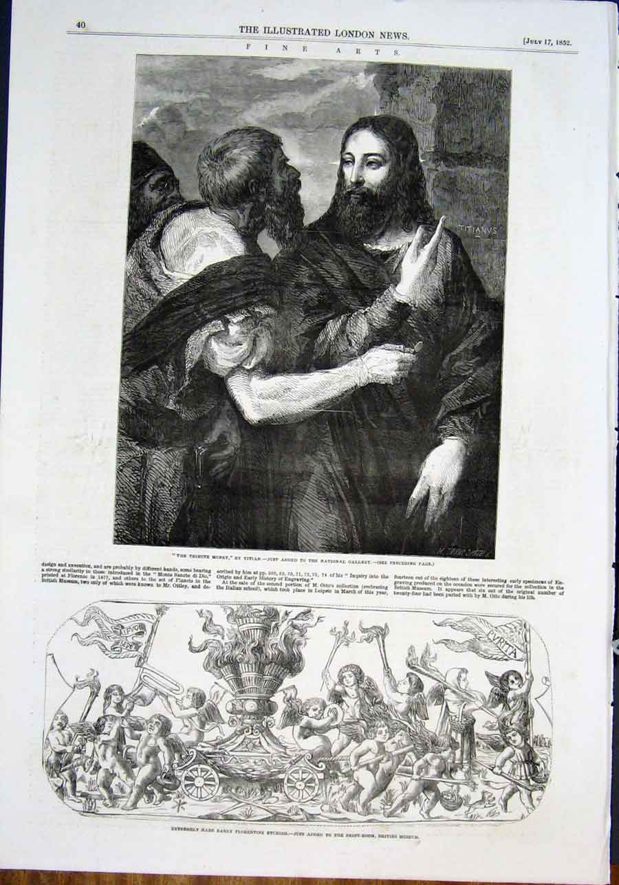 Original Old Antique Print Titian Tribute Money Florentine Etching Fine Art 1852