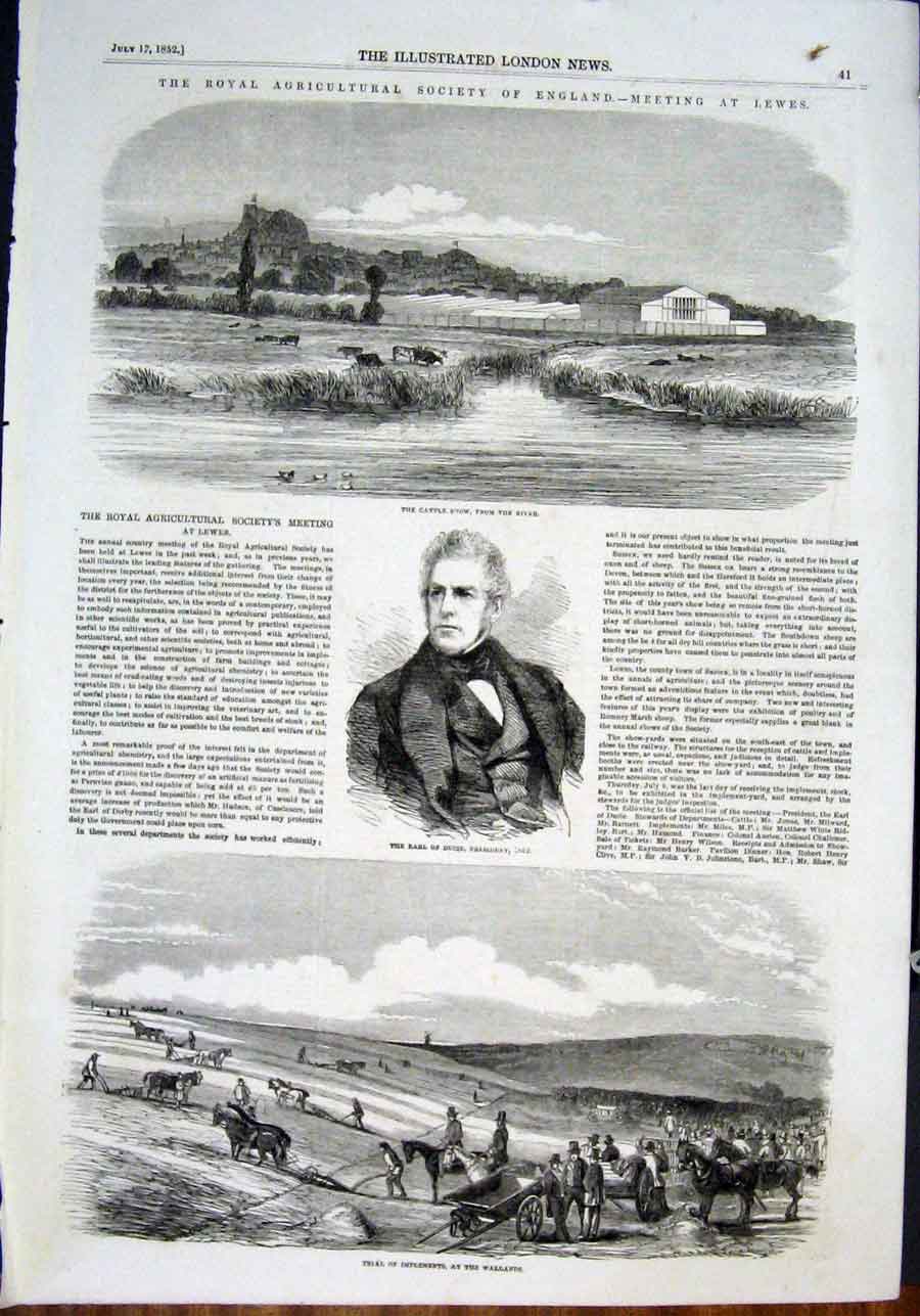 Old Antique Print Cattle Show River Ducie Wallands Trial Farm Implements