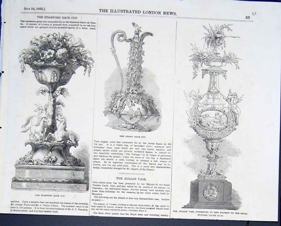 Old Antique Print Race Cup Stamford Jersey Aeolian Vase Royal Yacht Club