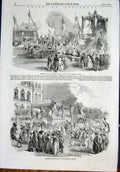 Old Antique Print Fete Strasburg Germany Locomotive Procession Rhine 1852 19th