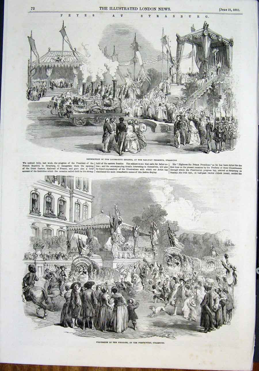 Old Antique Print Fete Strasburg Germany Locomotive Procession Rhine 1852 19th