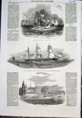 Original Old Antique Print Raft Regatta Cork Steam Ship Sydney Vevay Lake Leman